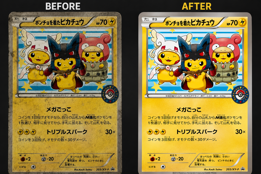 before and after of pokemon card after card restoration process