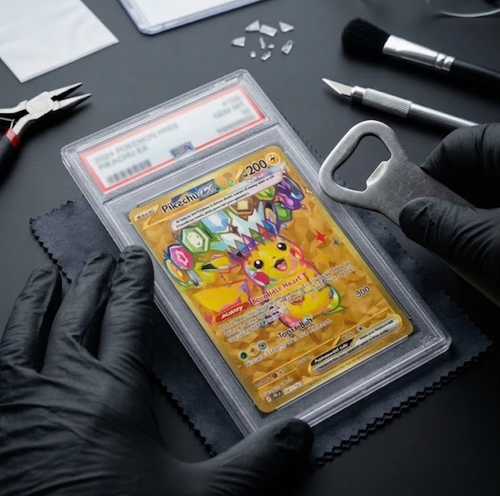Slab Crack. A graded Pokemon card clear plastic slab